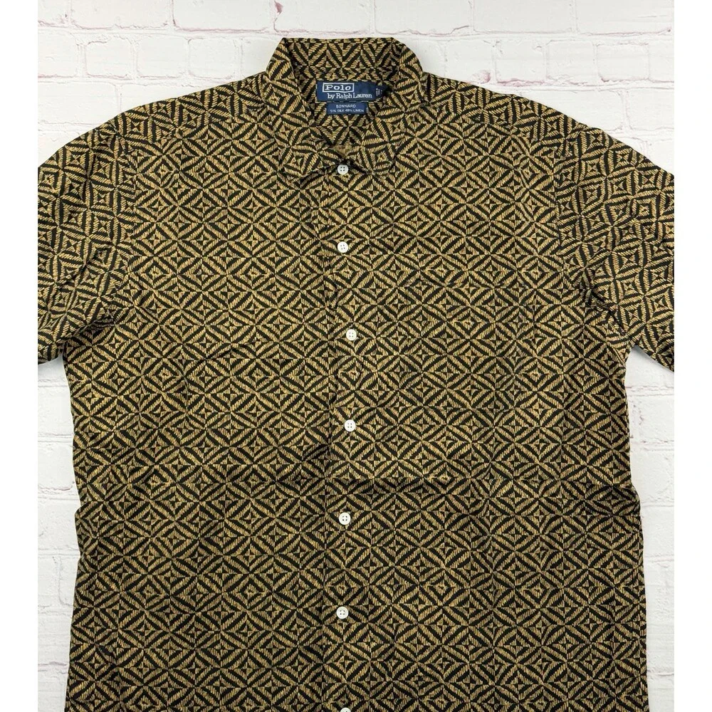 Polo Ralph Lauren Bonnard Shirt Mens MED Gold Silk Linen Geometric Camp Collar